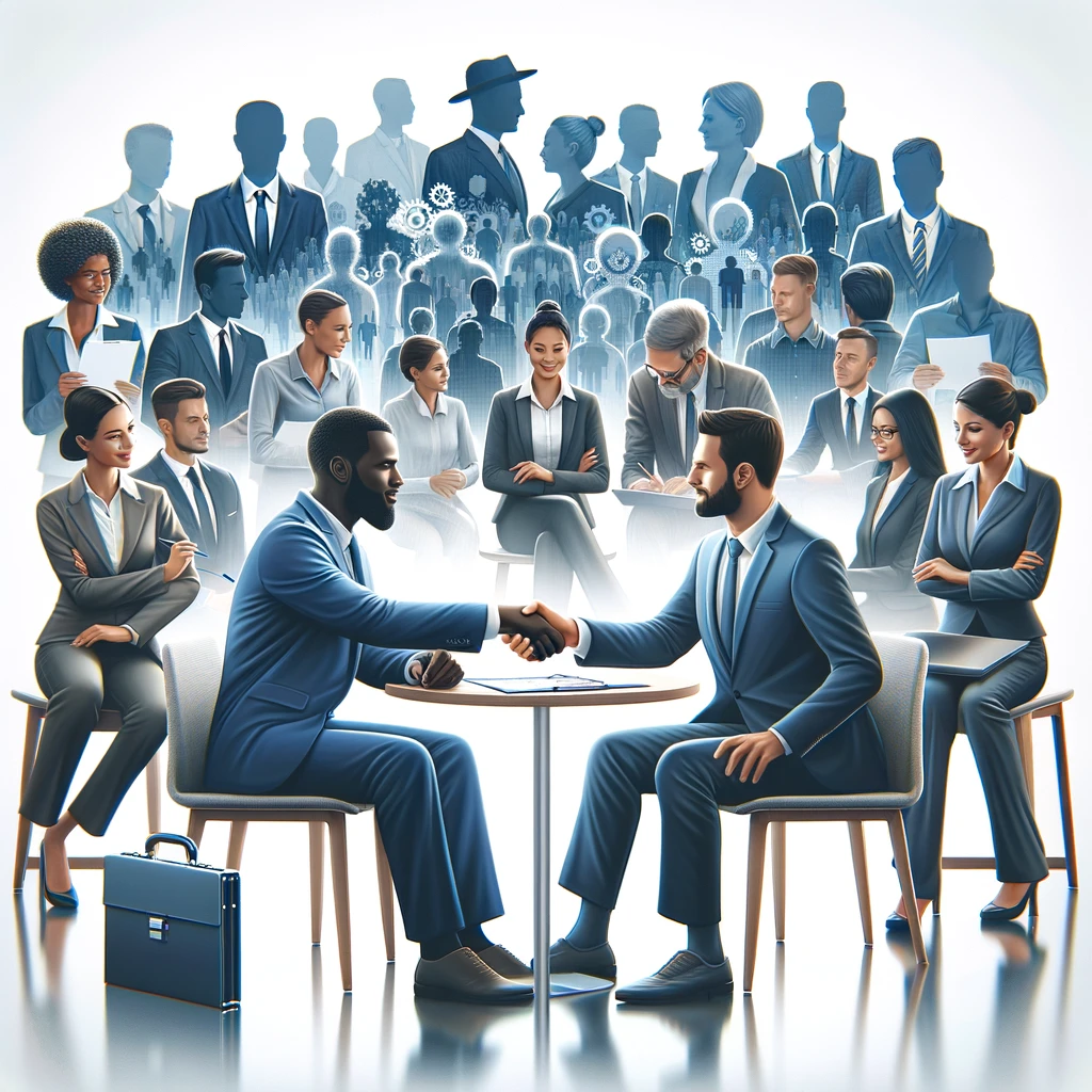 DALL·E 2024-01-16 10.30.08 - An image representing employers partnering with workforce organizations to hire their candidates, with a focus on including more people of color. The 