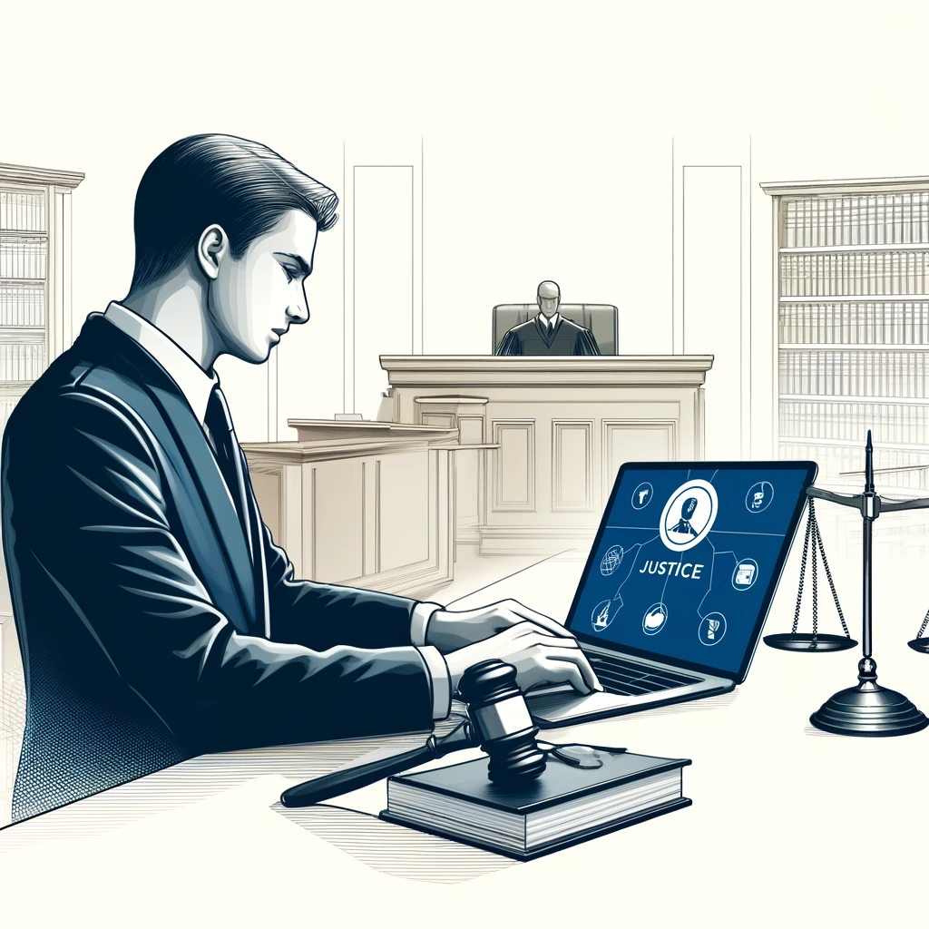 DALL·E 2024-03-29 10.05.29 - Design an image of a lawyer using Justice Solutions on a laptop in a courtroom, suitable for a white website background. The lawyer, depicted in pro