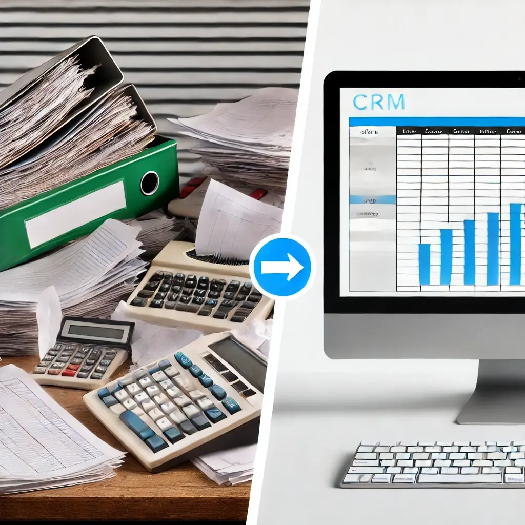 DALL·E 2024-08-20 11.22.17 - An image illustrating a transition from using paper spreadsheets to a modern digital CRM interface. One side shows a cluttered desk with paper spreads